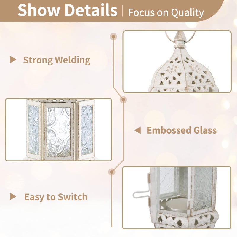 NUPTIO 2 Pcs Moroccan Lantern Metalwork Hanging Tealight Candle Holder Metal Glass Indoor Outdoor Battery Operated LED Flameless with 35cm Chain, White - Image 4